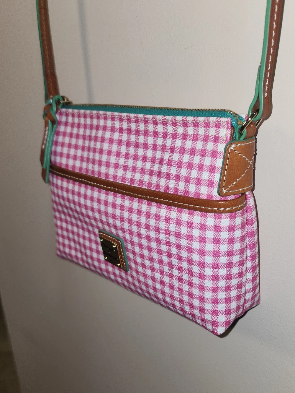 Dooney & Bourke Leather Picnic Pink Mint Gingham Crossbody Shoulder Bag Purse - Picture 5 of 12